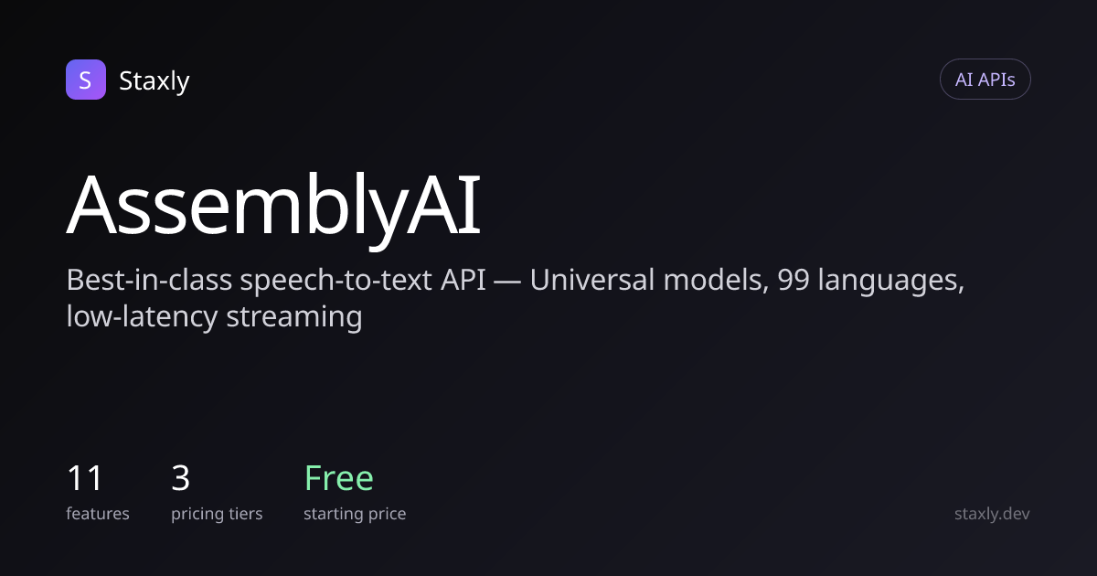 AssemblyAI pricing, quotas, and features · Staxly